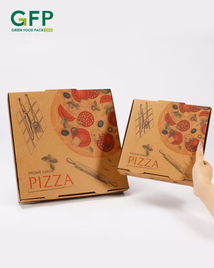 China Großhandel individuell bedruckte, hochwertige, farbige Kraftpapier-Wellpappe-Lebensmittel-Pizza-Verpackungsbox in allen Größen mit Logo