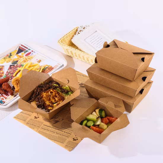 Individuell bedruckte, ökologisch biologisch abbaubare Brathähnchen-Pommes-Frites-Hamburger-to-go-Lebensmittelverpackung zum Mitnehmen, braune Bastelpapierbox