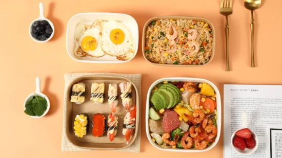 Biologisch abbaubare, quadratische Schüssel, Lebensmittelbehälter, Obst, Mittagessen, Mitnahmeverpackung, Papierbox