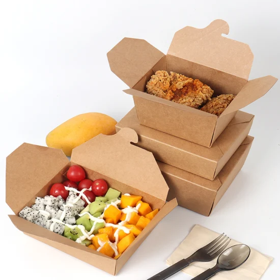 Individuell bedruckte, ökologisch biologisch abbaubare Brathähnchen-Pommes-Frites-Hamburger-to-go-Lebensmittelverpackung zum Mitnehmen, braune Bastelpapierbox